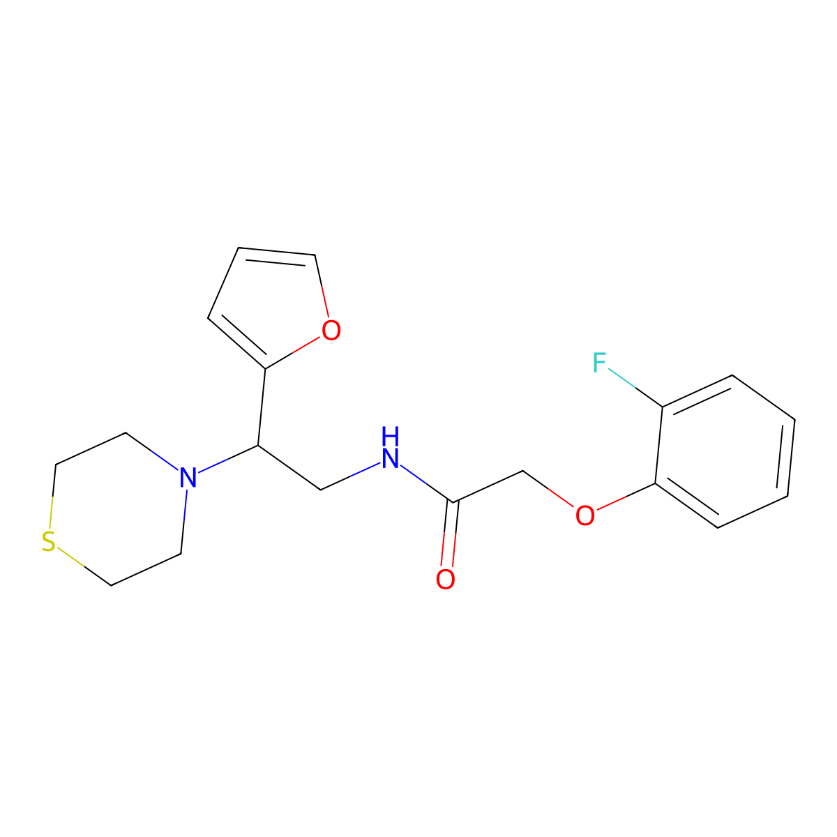 2-(2-fluorophenoxy)-N-(2-(furan-2-yl)-2-thiomorpholinoethyl)acetamide molecular structure, CAS 2034548-23-5