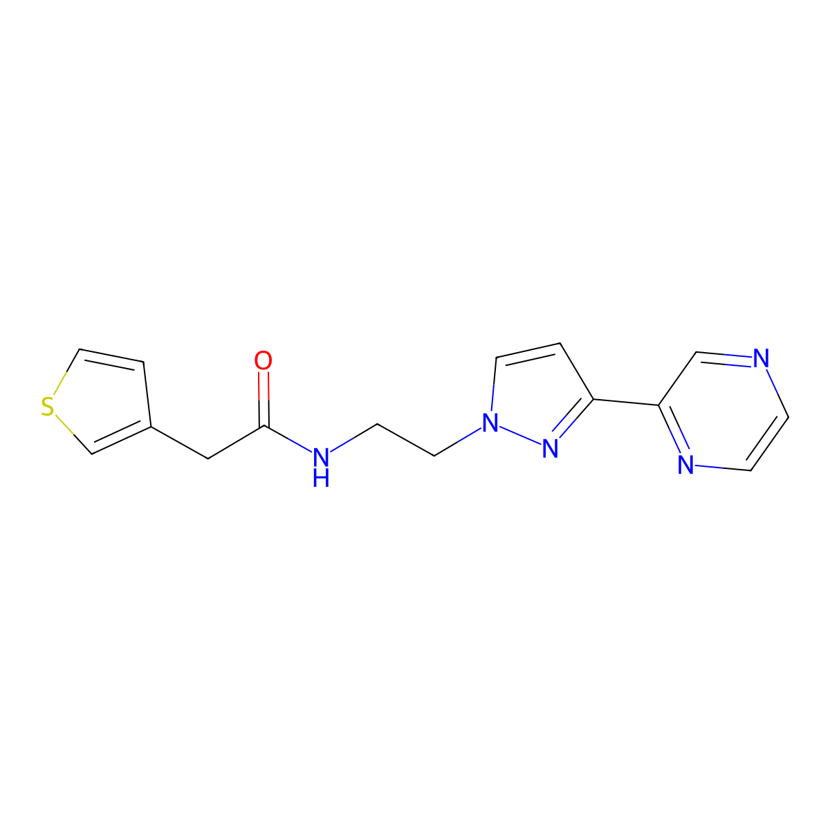 N-(2-(3-(pyrazin-2-yl)-1H-pyrazol-1-yl)ethyl)-2-(thiophen-3-yl)acetamide molecular structure, CAS 2034548-28-0