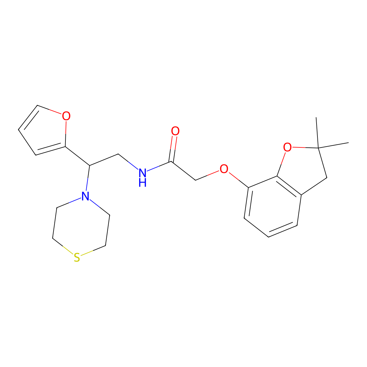 2-((2,2-dimethyl-2,3-dihydrobenzofuran-7-yl)oxy)-N-(2-(furan-2-yl)-2-thiomorpholinoethyl)acetamide molecular structure, CAS 2034548-44-0