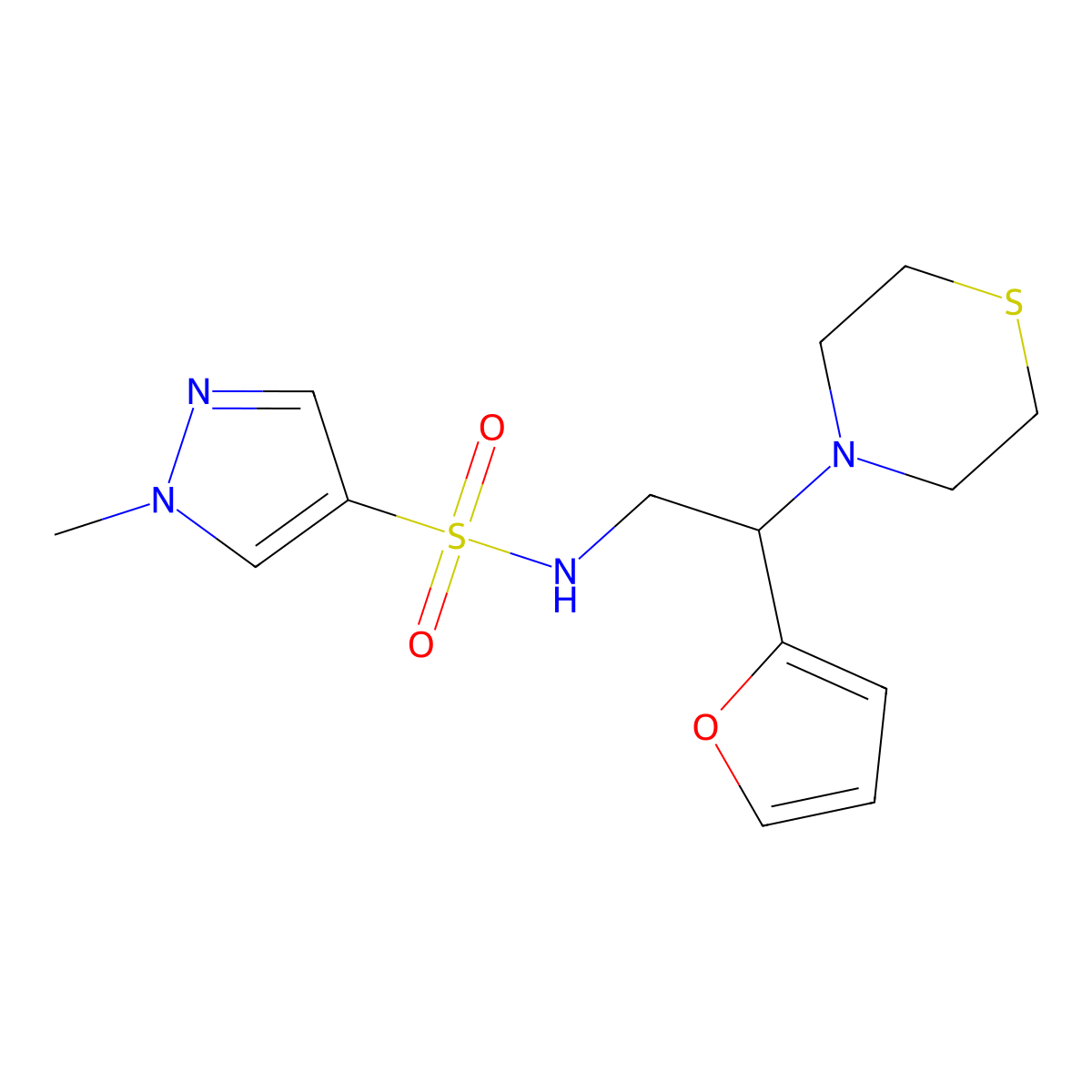 N-(2-(furan-2-yl)-2-thiomorpholinoethyl)-1-methyl-1H-pyrazole-4-sulfonamide molecular structure, CAS 2034548-50-8