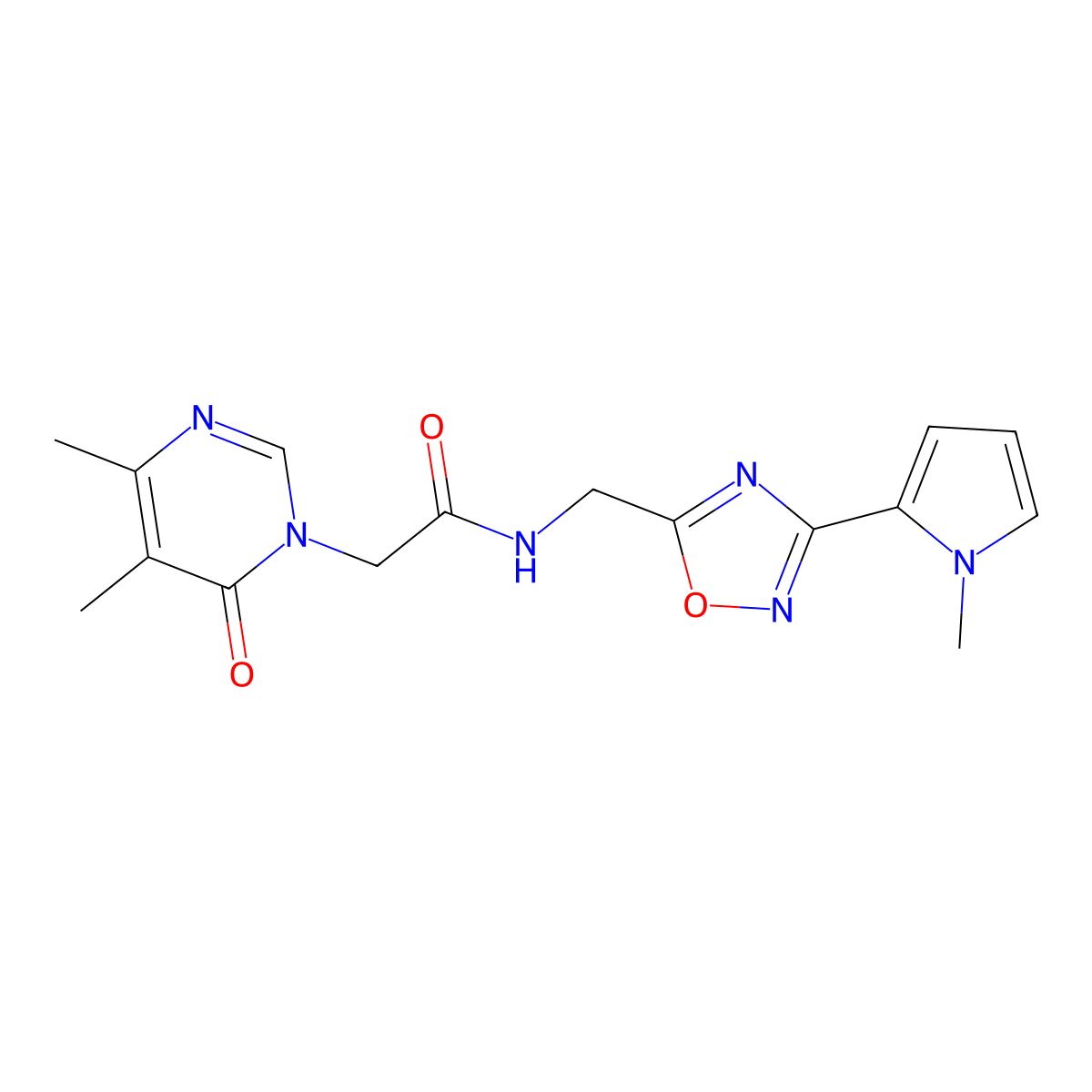 2-(4,5-dimethyl-6-oxopyrimidin-1(6H)-yl)-N-((3-(1-methyl-1H-pyrrol-2-yl)-1,2,4-oxadiazol-5-yl)methyl)acetamide molecular structure, CAS 2034548-53-1