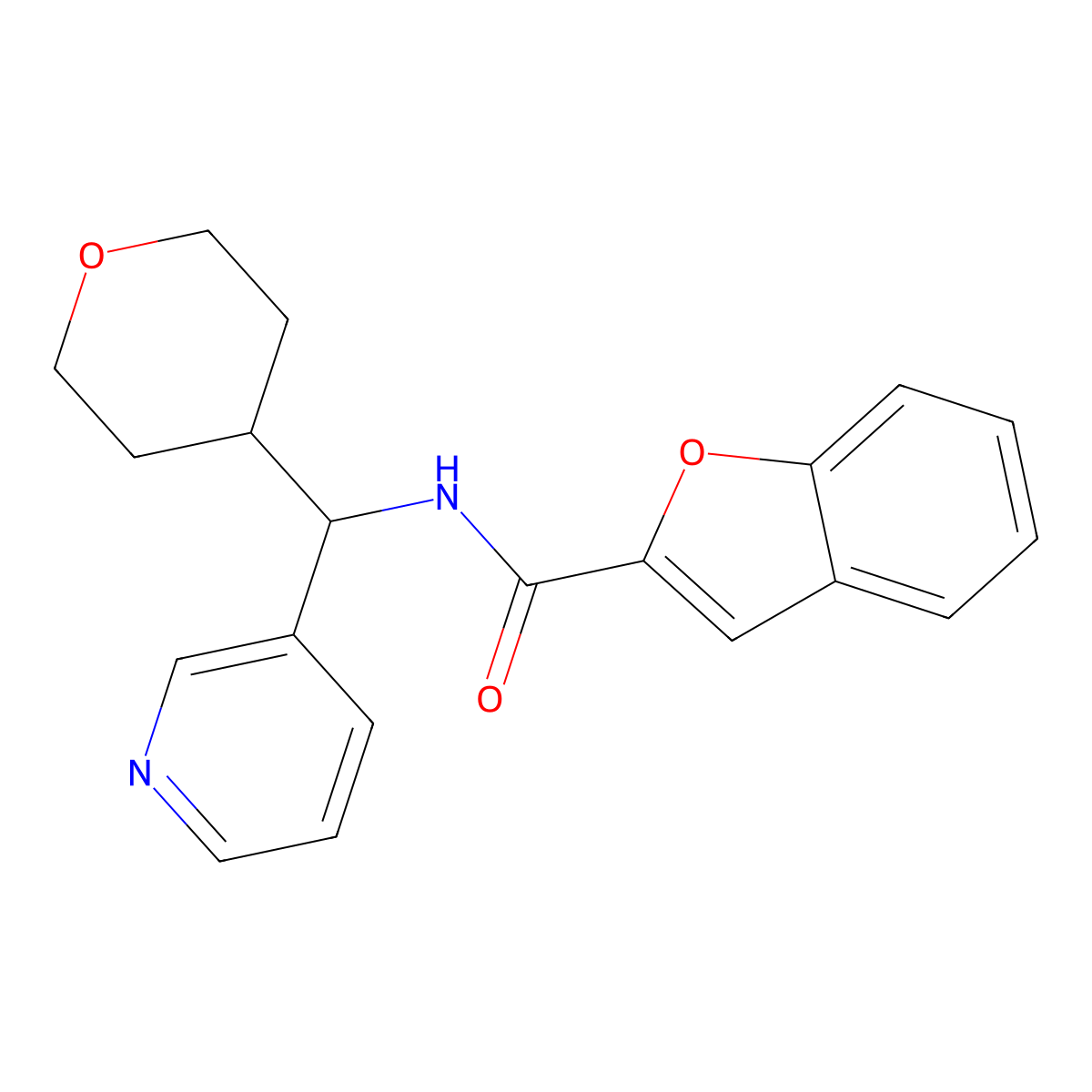 N-(pyridin-3-yl(tetrahydro-2H-pyran-4-yl)methyl)benzofuran-2-carboxamide molecular structure, CAS 2034548-57-5