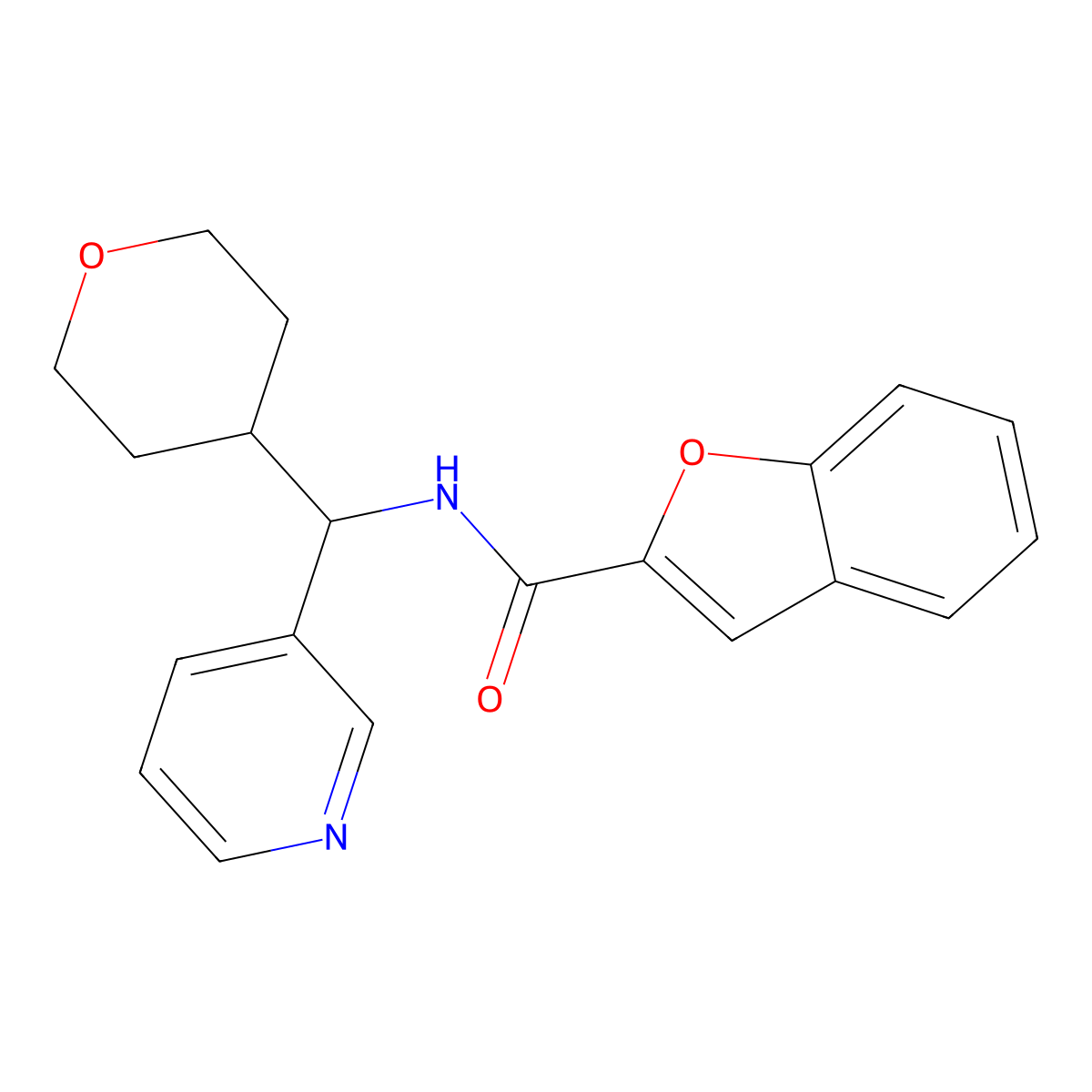 N-(pyridin-3-yl(tetrahydro-2H-pyran-4-yl)methyl)benzofuran-2-carboxamide molecular structure, CAS 2034548-57-5