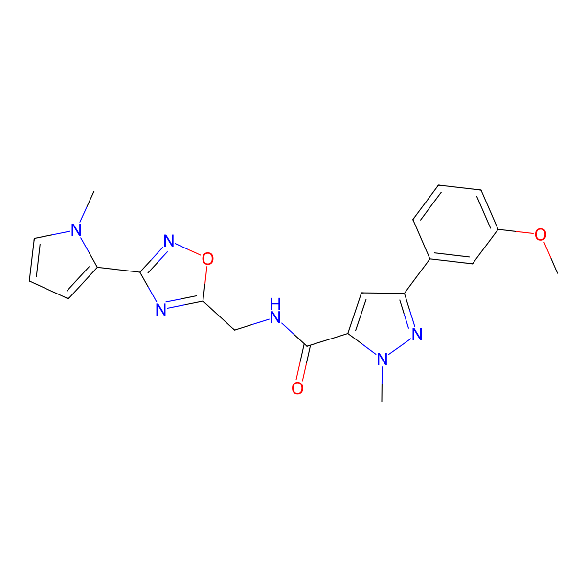3-(3-methoxyphenyl)-1-methyl-N-((3-(1-methyl-1H-pyrrol-2-yl)-1,2,4-oxadiazol-5-yl)methyl)-1H-pyrazole-5-carboxamide molecular structure, CAS 2034548-61-1