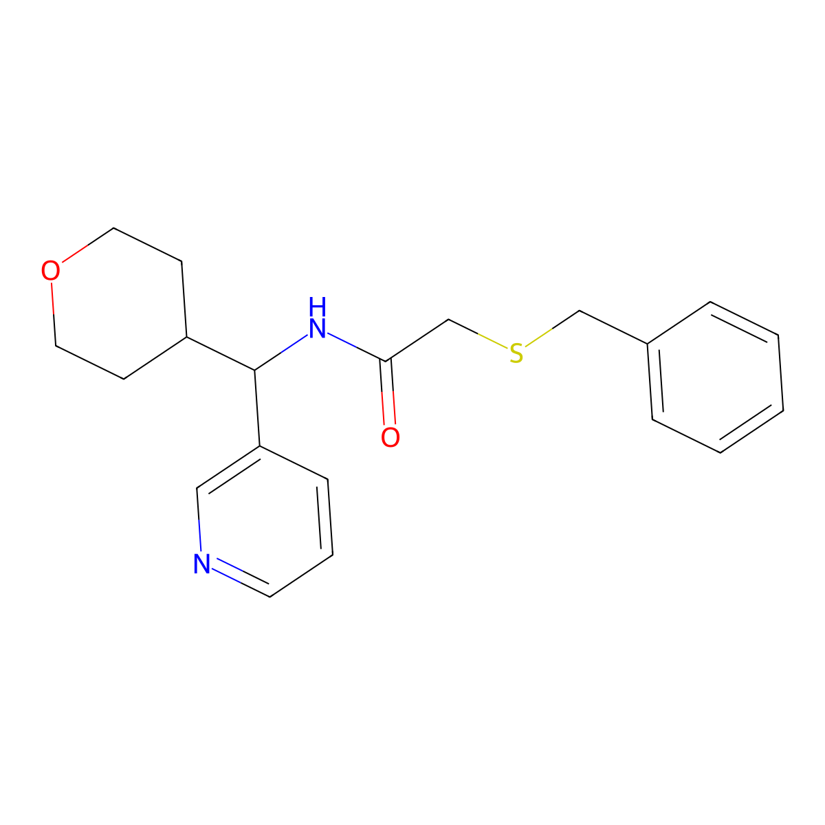 2-(benzylthio)-N-(pyridin-3-yl(tetrahydro-2H-pyran-4-yl)methyl)acetamide molecular structure, CAS 2034548-75-7