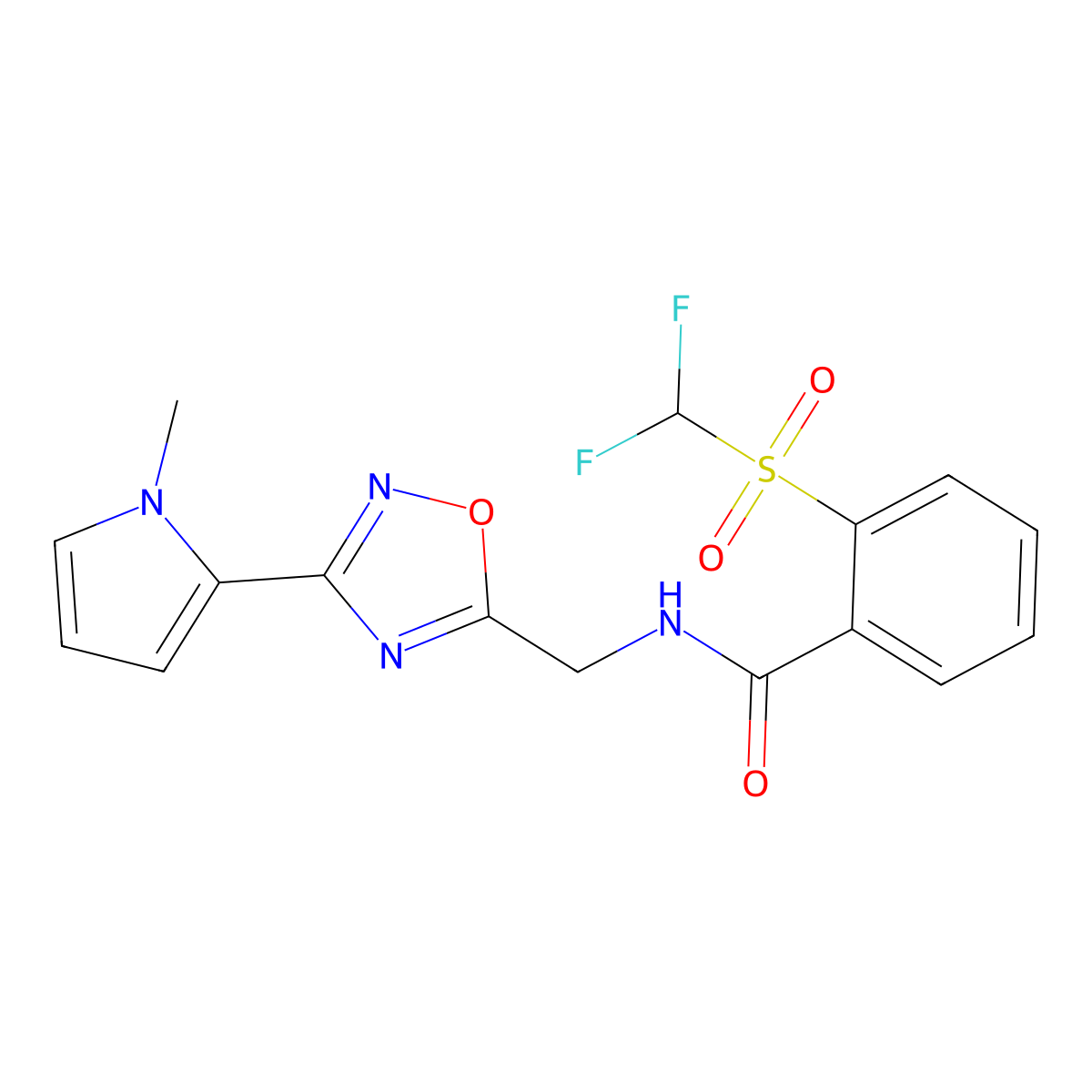2-((difluoromethyl)sulfonyl)-N-((3-(1-methyl-1H-pyrrol-2-yl)-1,2,4-oxadiazol-5-yl)methyl)benzamide molecular structure, CAS 2034548-76-8
