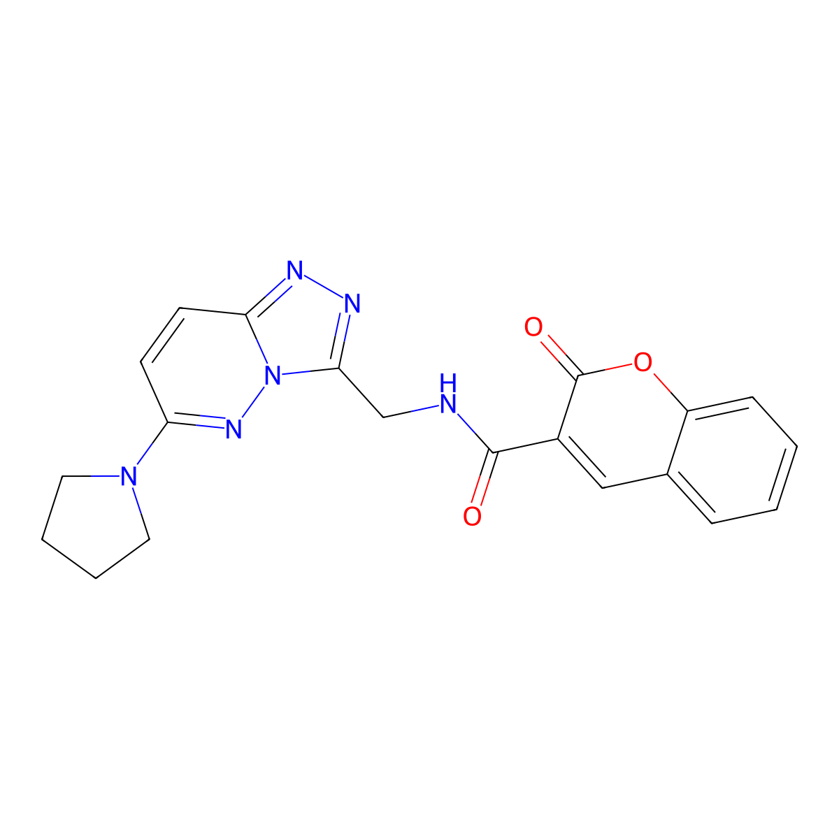 2-oxo-N-((6-(pyrrolidin-1-yl)-[1,2,4]triazolo[4,3-b]pyridazin-3-yl)methyl)-2H-chromene-3-carboxamide molecular structure, CAS 2034548-87-1