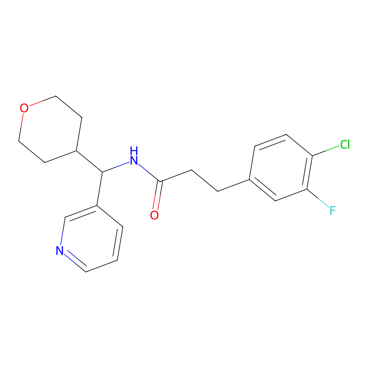 3-(4-chloro-3-fluorophenyl)-N-(pyridin-3-yl(tetrahydro-2H-pyran-4-yl)methyl)propanamide molecular structure, CAS 2034548-91-7