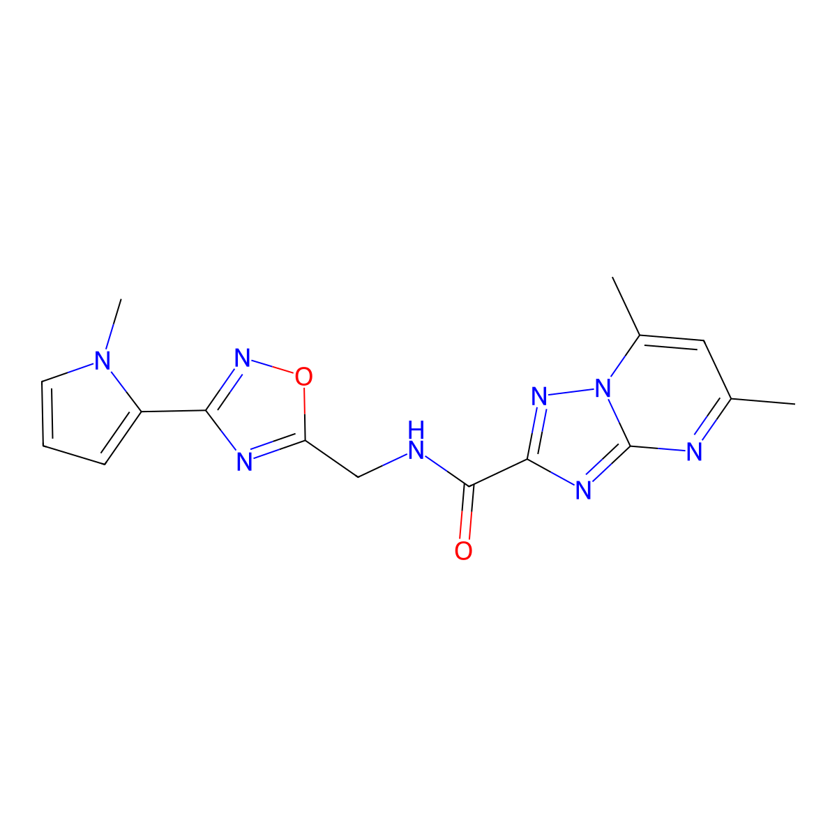 5,7-dimethyl-N-((3-(1-methyl-1H-pyrrol-2-yl)-1,2,4-oxadiazol-5-yl)methyl)-[1,2,4]triazolo[1,5-a]pyrimidine-2-carboxamide molecular structure, CAS 2034549-00-1