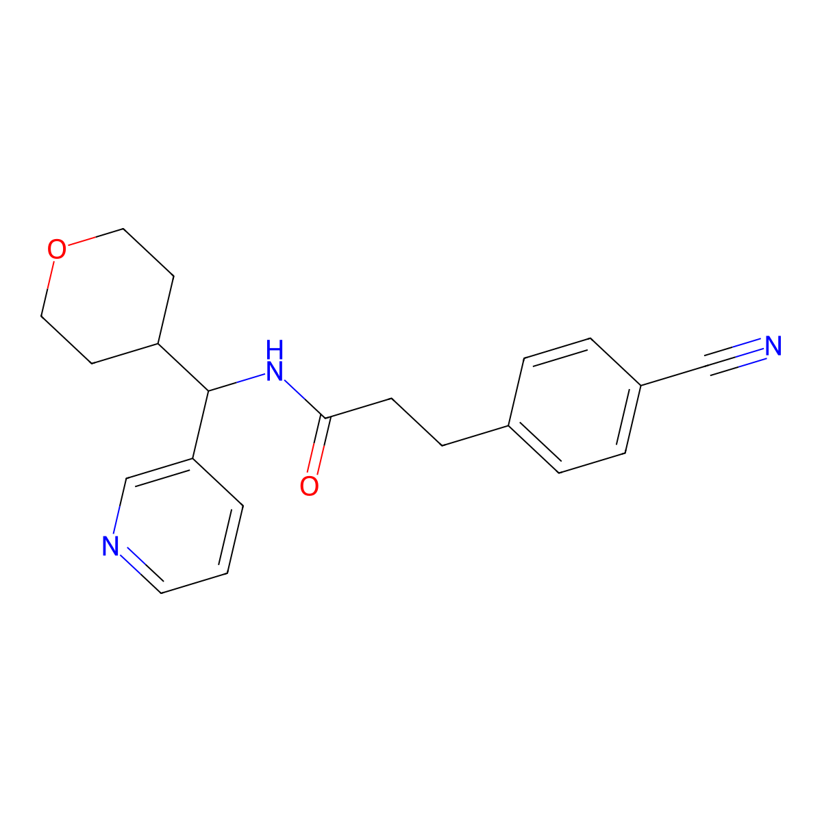 3-(4-cyanophenyl)-N-(pyridin-3-yl(tetrahydro-2H-pyran-4-yl)methyl)propanamide molecular structure, CAS 2034549-09-0
