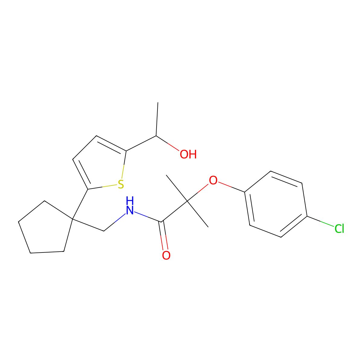 2-(4-chlorophenoxy)-N-((1-(5-(1-hydroxyethyl)thiophen-2-yl)cyclopentyl)methyl)-2-methylpropanamide molecular structure, CAS 2034549-16-9
