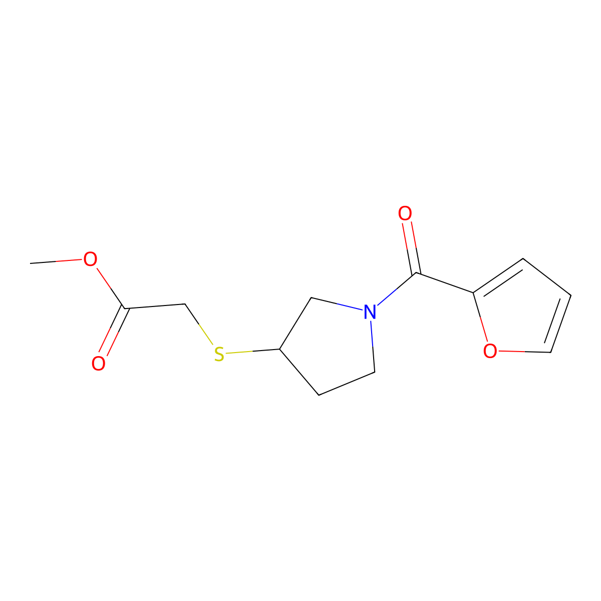 Methyl 2-((1-(furan-2-carbonyl)pyrrolidin-3-yl)thio)acetate molecular structure, CAS 2034549-34-1