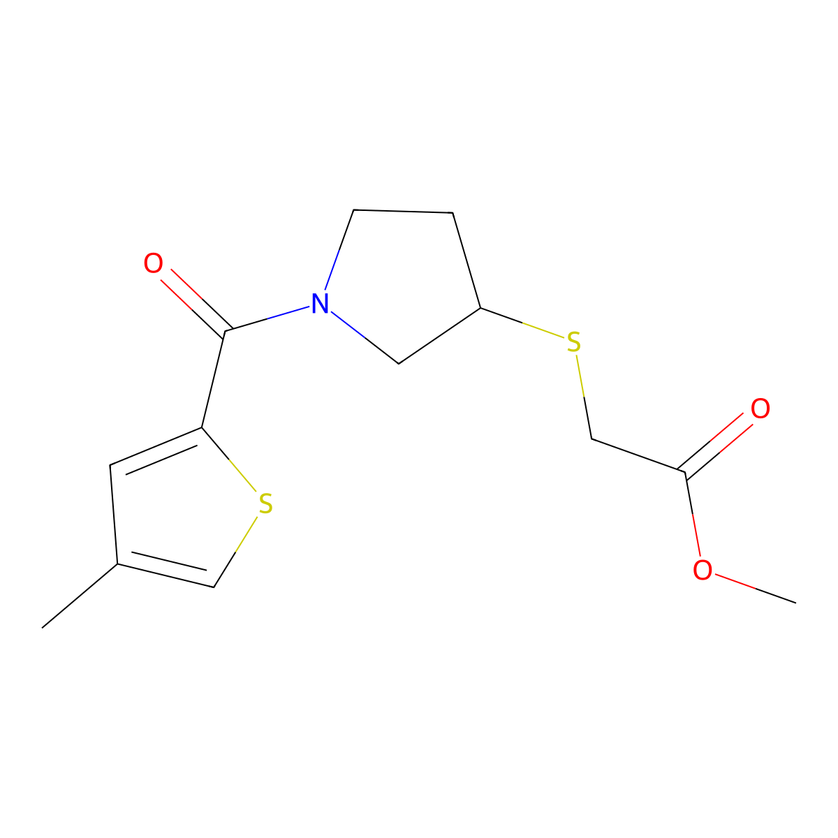 Methyl 2-((1-(4-methylthiophene-2-carbonyl)pyrrolidin-3-yl)thio)acetate molecular structure, CAS 2034549-38-5
