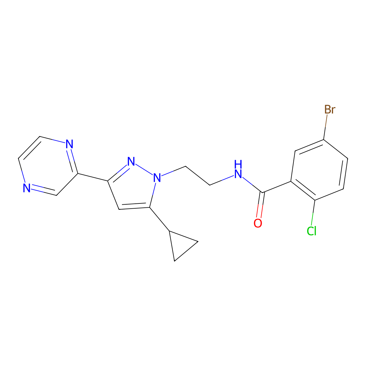 5-bromo-2-chloro-N-(2-(5-cyclopropyl-3-(pyrazin-2-yl)-1H-pyrazol-1-yl)ethyl)benzamide molecular structure, CAS 2034549-63-6