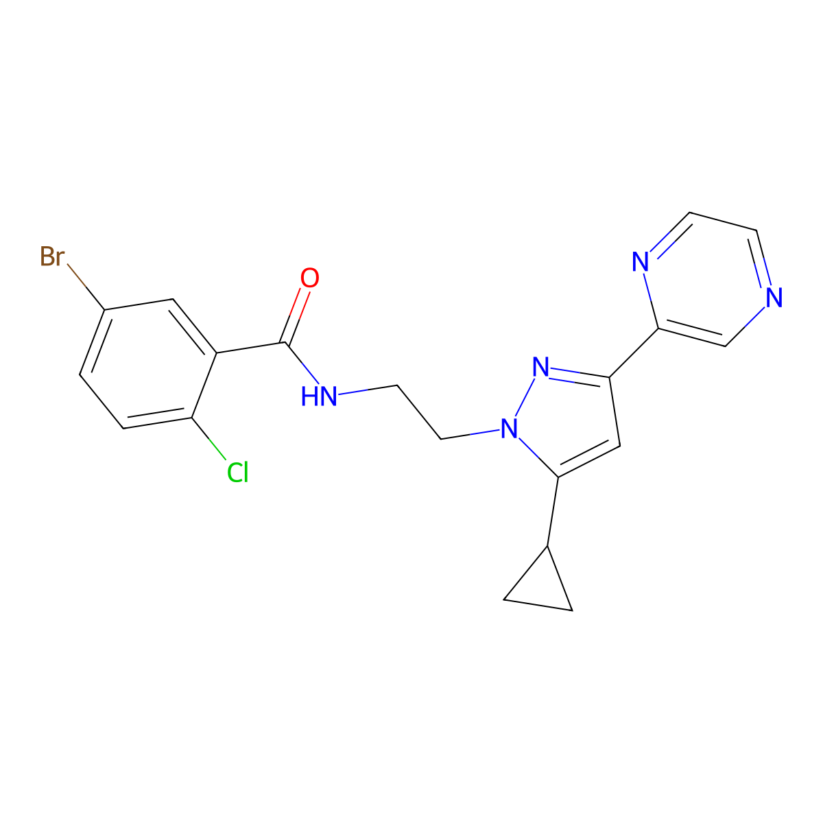 5-bromo-2-chloro-N-(2-(5-cyclopropyl-3-(pyrazin-2-yl)-1H-pyrazol-1-yl)ethyl)benzamide molecular structure, CAS 2034549-63-6