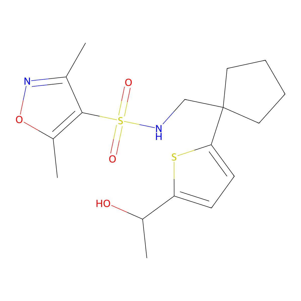 N-((1-(5-(1-hydroxyethyl)thiophen-2-yl)cyclopentyl)methyl)-3,5-dimethylisoxazole-4-sulfonamide molecular structure, CAS 2034549-67-0