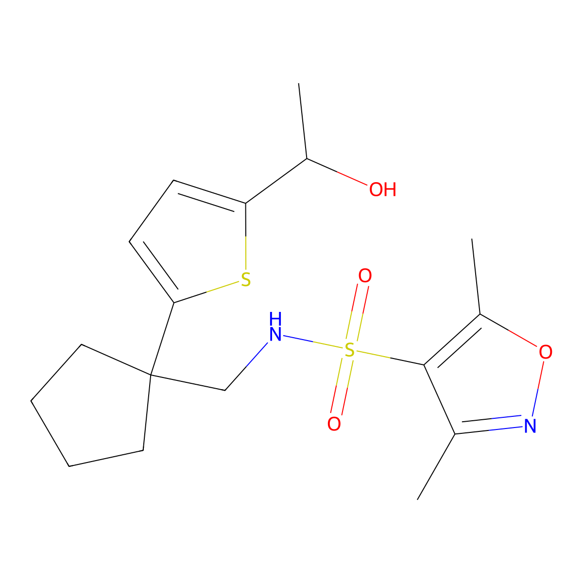 N-((1-(5-(1-hydroxyethyl)thiophen-2-yl)cyclopentyl)methyl)-3,5-dimethylisoxazole-4-sulfonamide molecular structure, CAS 2034549-67-0