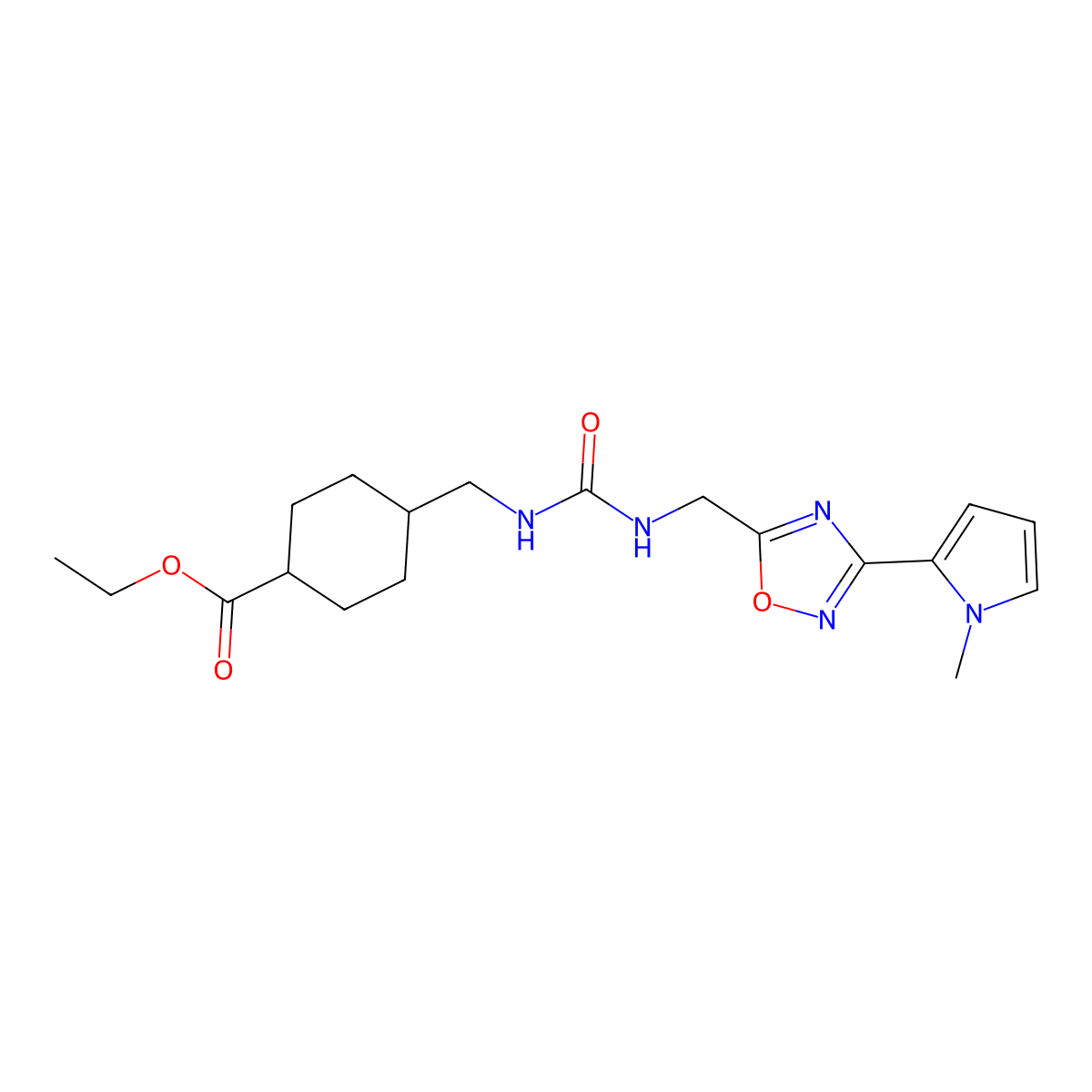 ethyl 4-((3-((3-(1-methyl-1H-pyrrol-2-yl)-1,2,4-oxadiazol-5-yl)methyl)ureido)methyl)cyclohexanecarboxylate molecular structure, CAS 2034549-69-2
