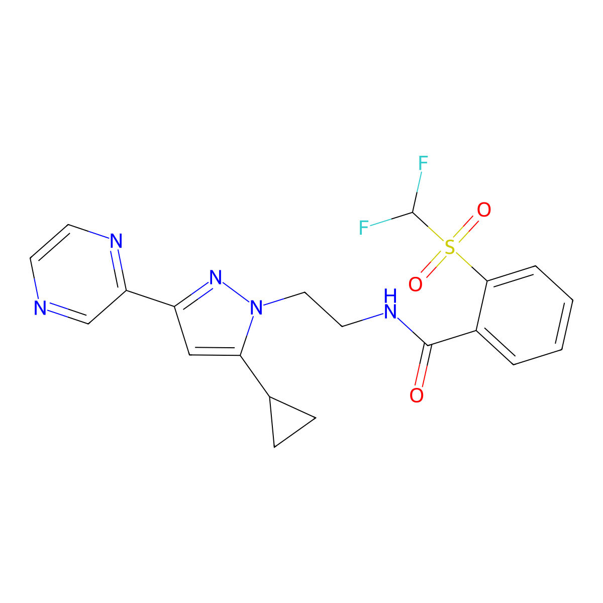 N-(2-(5-cyclopropyl-3-(pyrazin-2-yl)-1H-pyrazol-1-yl)ethyl)-2-((difluoromethyl)sulfonyl)benzamide molecular structure, CAS 2034549-72-7