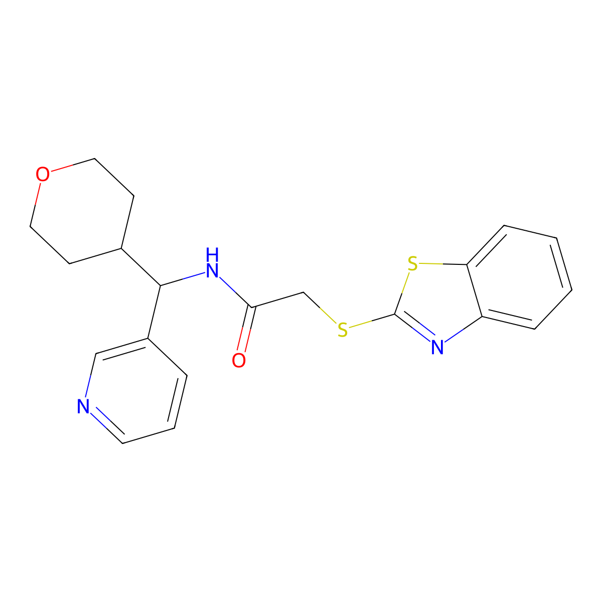 2-(benzo[d]thiazol-2-ylthio)-N-(pyridin-3-yl(tetrahydro-2H-pyran-4-yl)methyl)acetamide molecular structure, CAS 2034549-78-3