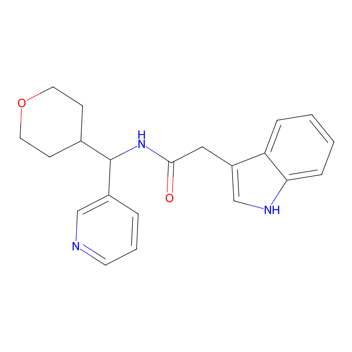 2-(1H-indol-3-yl)-N-(pyridin-3-yl(tetrahydro-2H-pyran-4-yl)methyl)acetamide molecular structure, CAS 2034549-81-8
