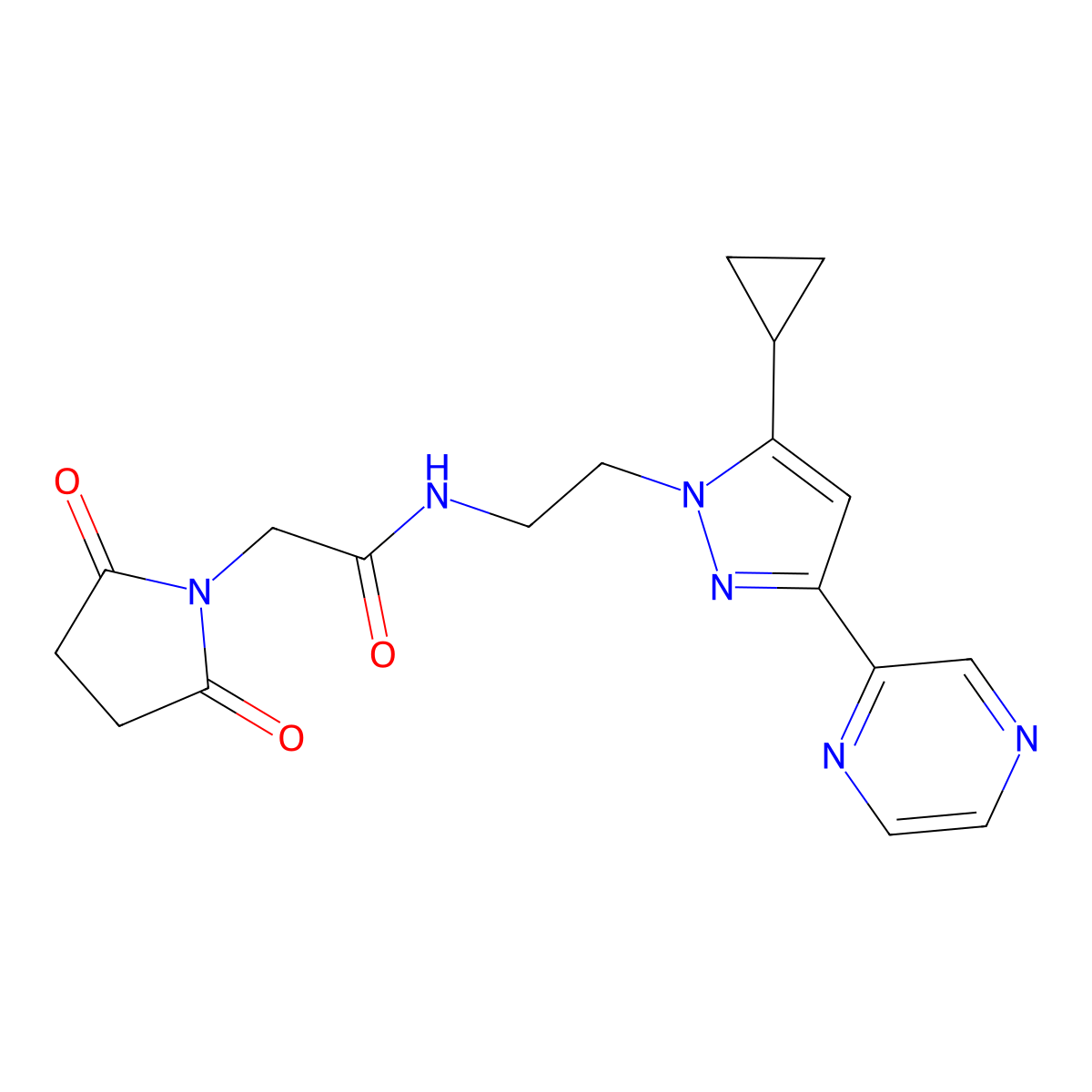 N-{2-[5-cyclopropyl-3-(pyrazin-2-yl)-1H-pyrazol-1-yl]ethyl}-2-(2,5-dioxopyrrolidin-1-yl)acetamide molecular structure, CAS 2034549-84-1