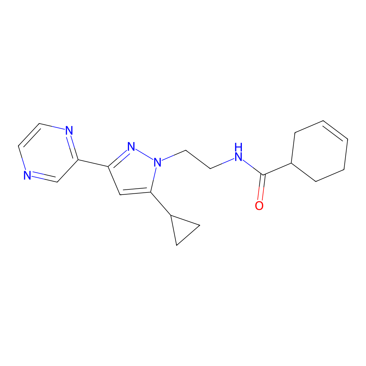 N-(2-(5-cyclopropyl-3-(pyrazin-2-yl)-1H-pyrazol-1-yl)ethyl)cyclohex-3-enecarboxamide molecular structure, CAS 2034549-89-6