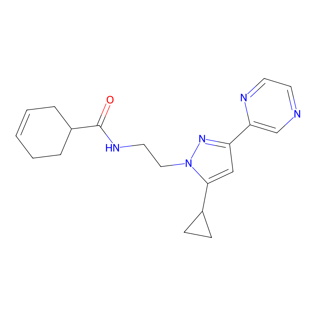 N-(2-(5-cyclopropyl-3-(pyrazin-2-yl)-1H-pyrazol-1-yl)ethyl)cyclohex-3-enecarboxamide molecular structure, CAS 2034549-89-6