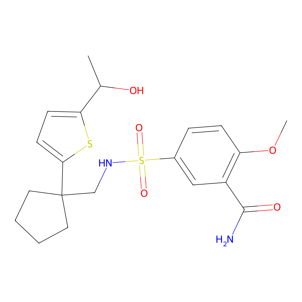 5-(N-((1-(5-(1-hydroxyethyl)thiophen-2-yl)cyclopentyl)methyl)sulfamoyl)-2-methoxybenzamide molecular structure, CAS 2034549-91-0