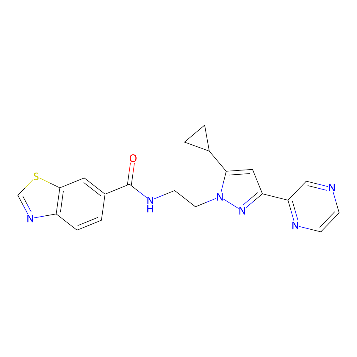 N-(2-(5-cyclopropyl-3-(pyrazin-2-yl)-1H-pyrazol-1-yl)ethyl)benzo[d]thiazole-6-carboxamide molecular structure, CAS 2034549-96-5