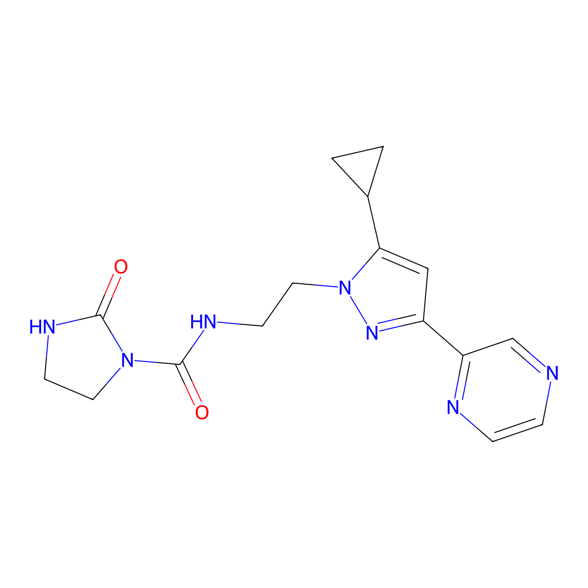 N-{2-[5-cyclopropyl-3-(pyrazin-2-yl)-1H-pyrazol-1-yl]ethyl}-2-oxoimidazolidine-1-carboxamide molecular structure, CAS 2034549-99-8