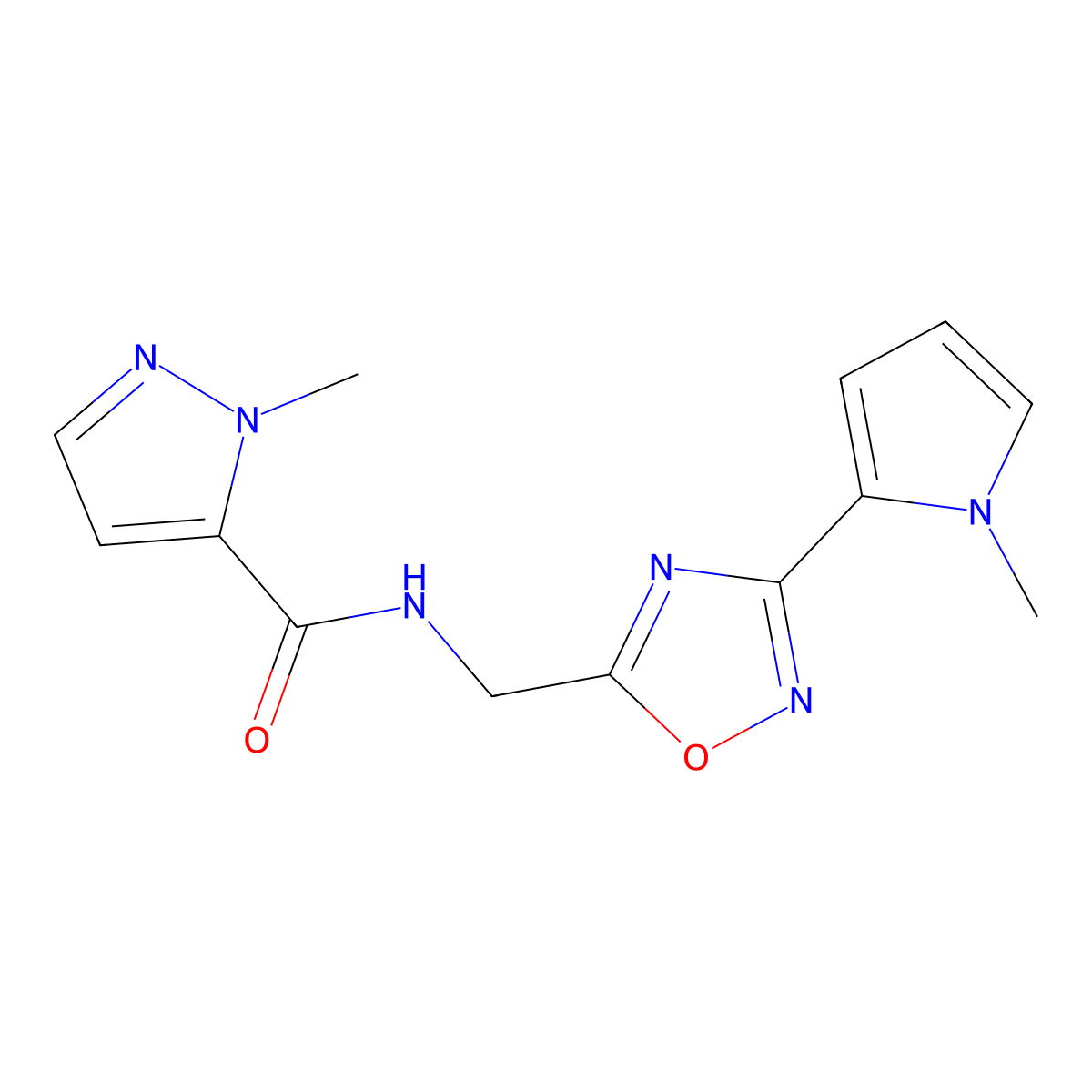 1-methyl-N-((3-(1-methyl-1H-pyrrol-2-yl)-1,2,4-oxadiazol-5-yl)methyl)-1H-pyrazole-5-carboxamide molecular structure, CAS 2034550-07-5