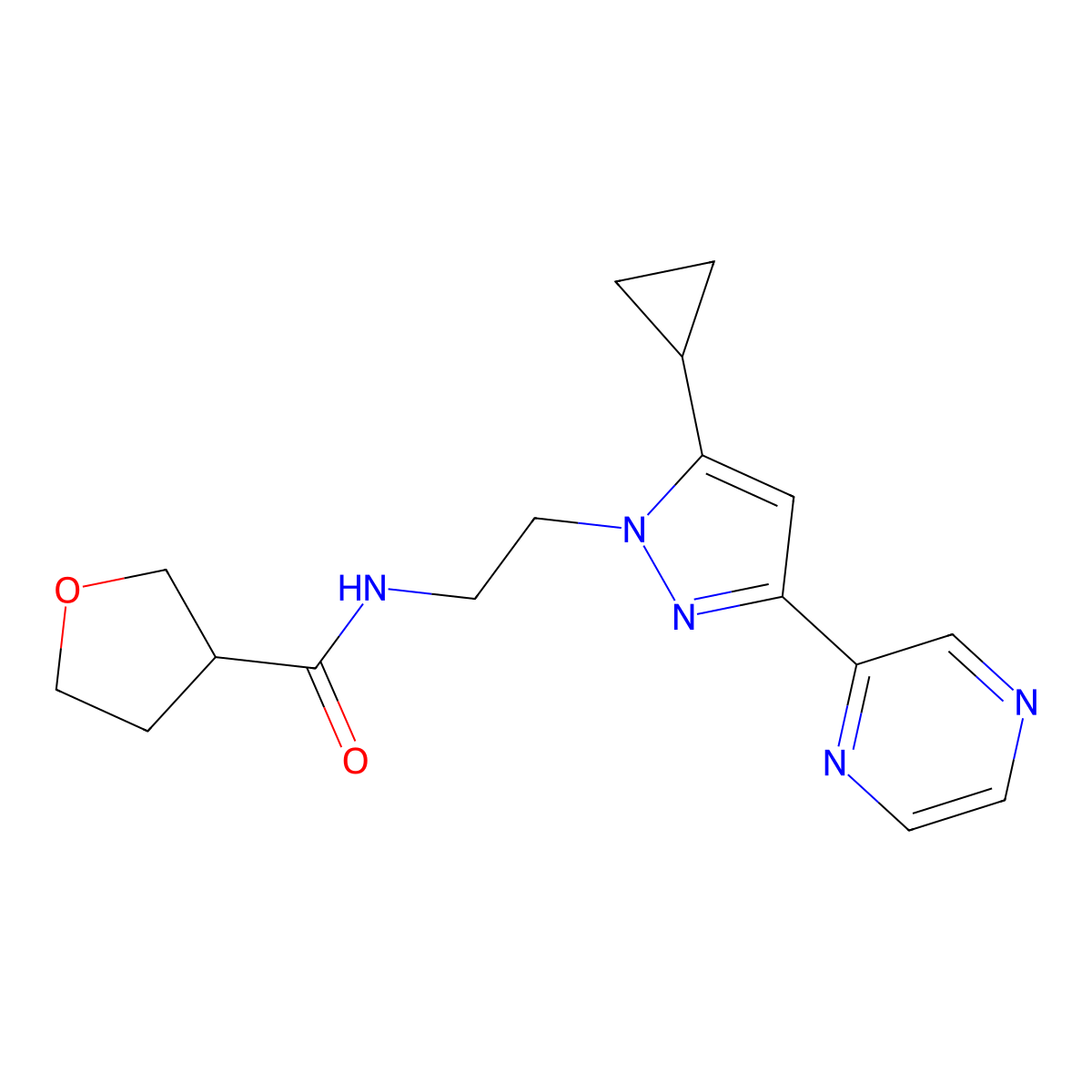 N-(2-(5-cyclopropyl-3-(pyrazin-2-yl)-1H-pyrazol-1-yl)ethyl)tetrahydrofuran-3-carboxamide molecular structure, CAS 2034550-10-0