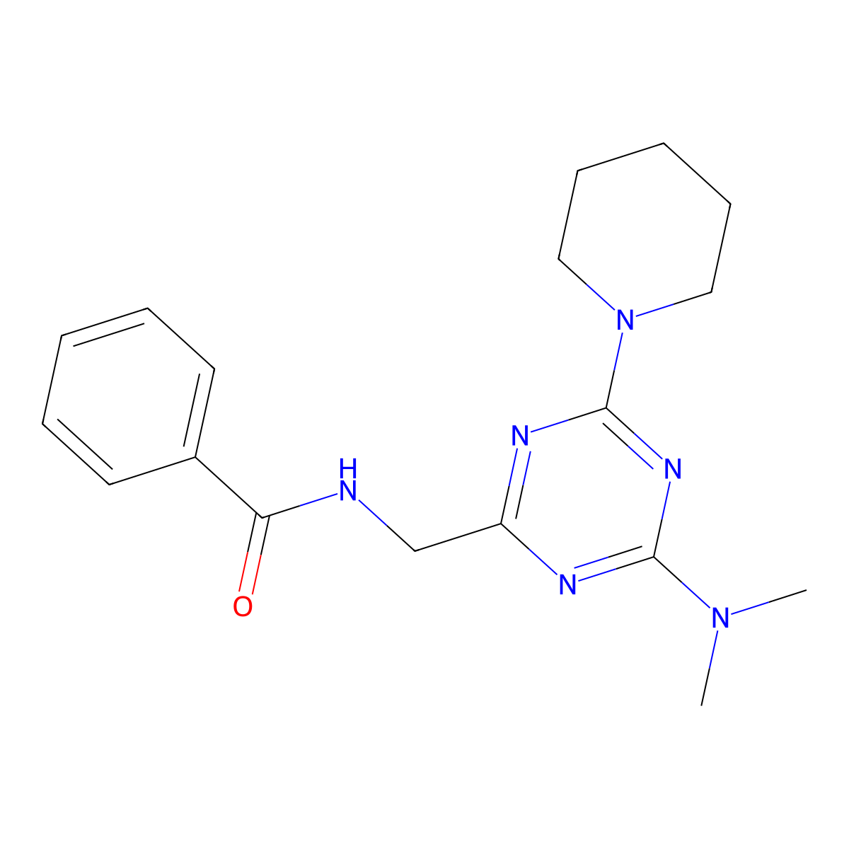 N-{[4-(dimethylamino)-6-(piperidin-1-yl)-1,3,5-triazin-2-yl]methyl}benzamide molecular structure, CAS 2034550-11-1