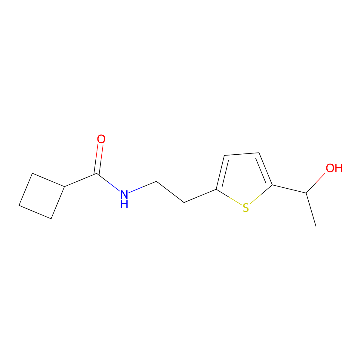 N-(2-(5-(1-hydroxyethyl)thiophen-2-yl)ethyl)cyclobutanecarboxamide molecular structure, CAS 2034550-12-2