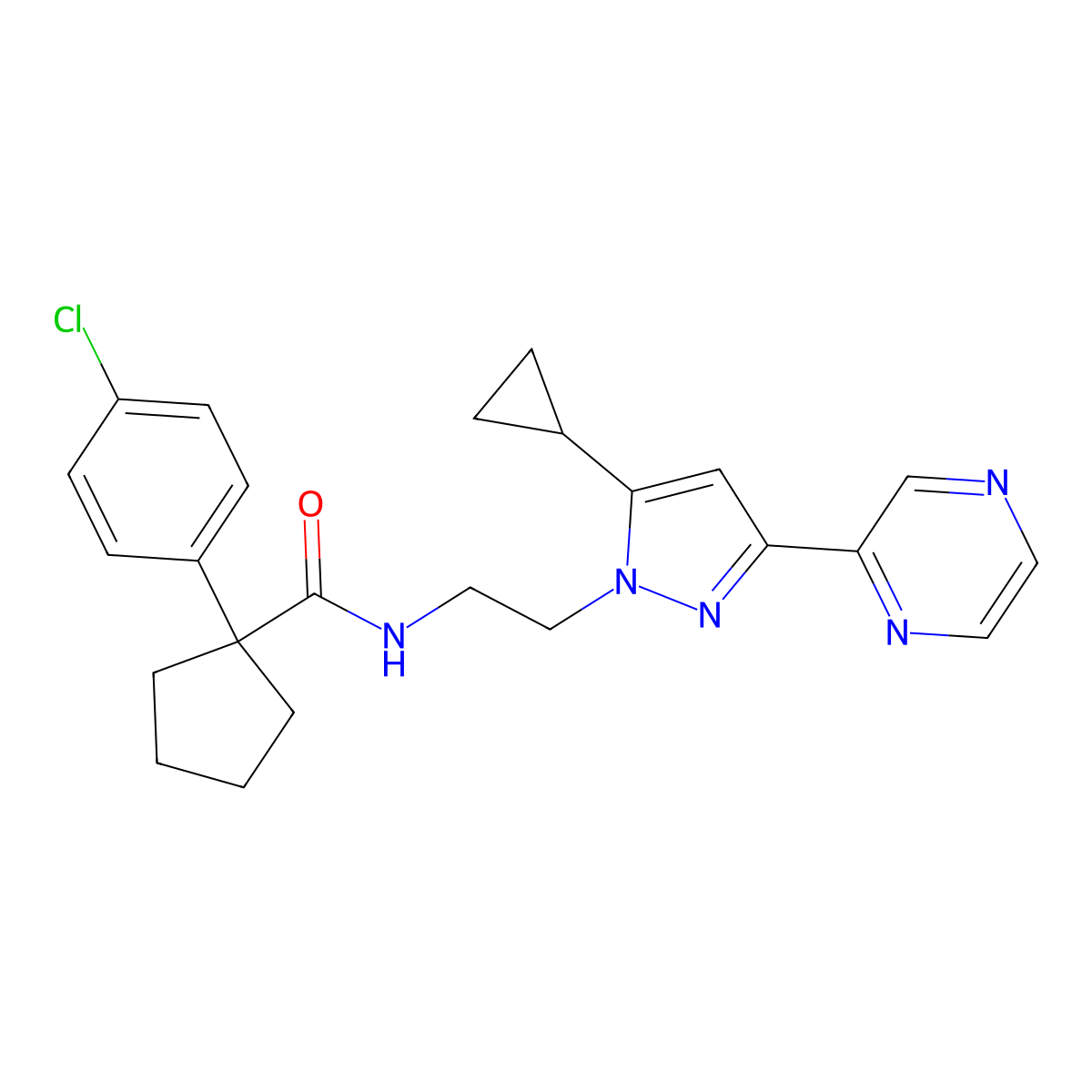 1-(4-chlorophenyl)-N-(2-(5-cyclopropyl-3-(pyrazin-2-yl)-1H-pyrazol-1-yl)ethyl)cyclopentanecarboxamide molecular structure, CAS 2034550-16-6