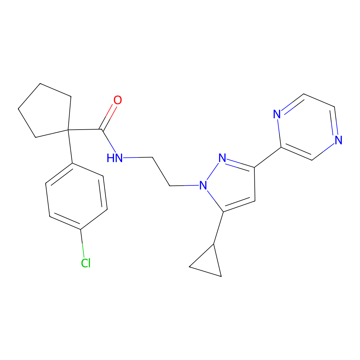 1-(4-chlorophenyl)-N-(2-(5-cyclopropyl-3-(pyrazin-2-yl)-1H-pyrazol-1-yl)ethyl)cyclopentanecarboxamide molecular structure, CAS 2034550-16-6
