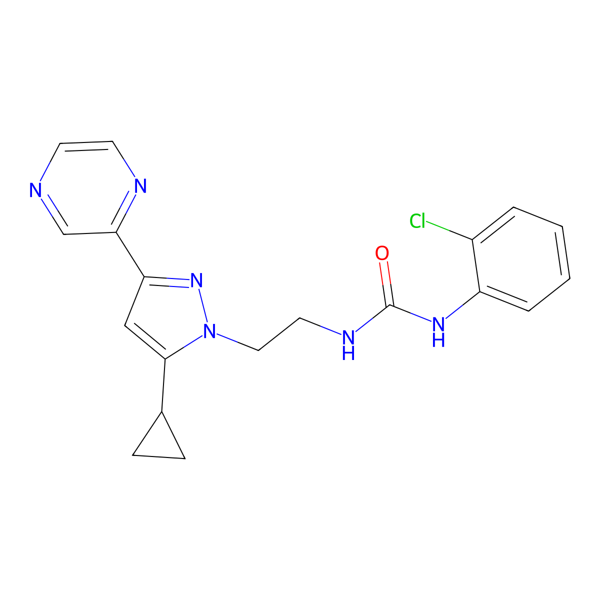 1-(2-chlorophenyl)-3-{2-[5-cyclopropyl-3-(pyrazin-2-yl)-1H-pyrazol-1-yl]ethyl}urea molecular structure, CAS 2034550-21-3