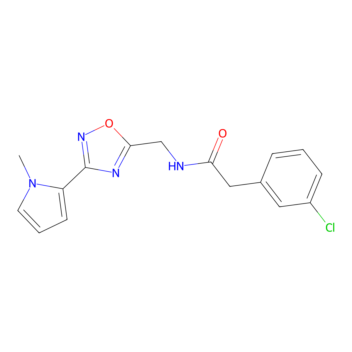 2-(3-chlorophenyl)-N-{[3-(1-methyl-1H-pyrrol-2-yl)-1,2,4-oxadiazol-5-yl]methyl}acetamide molecular structure, CAS 2034550-24-6