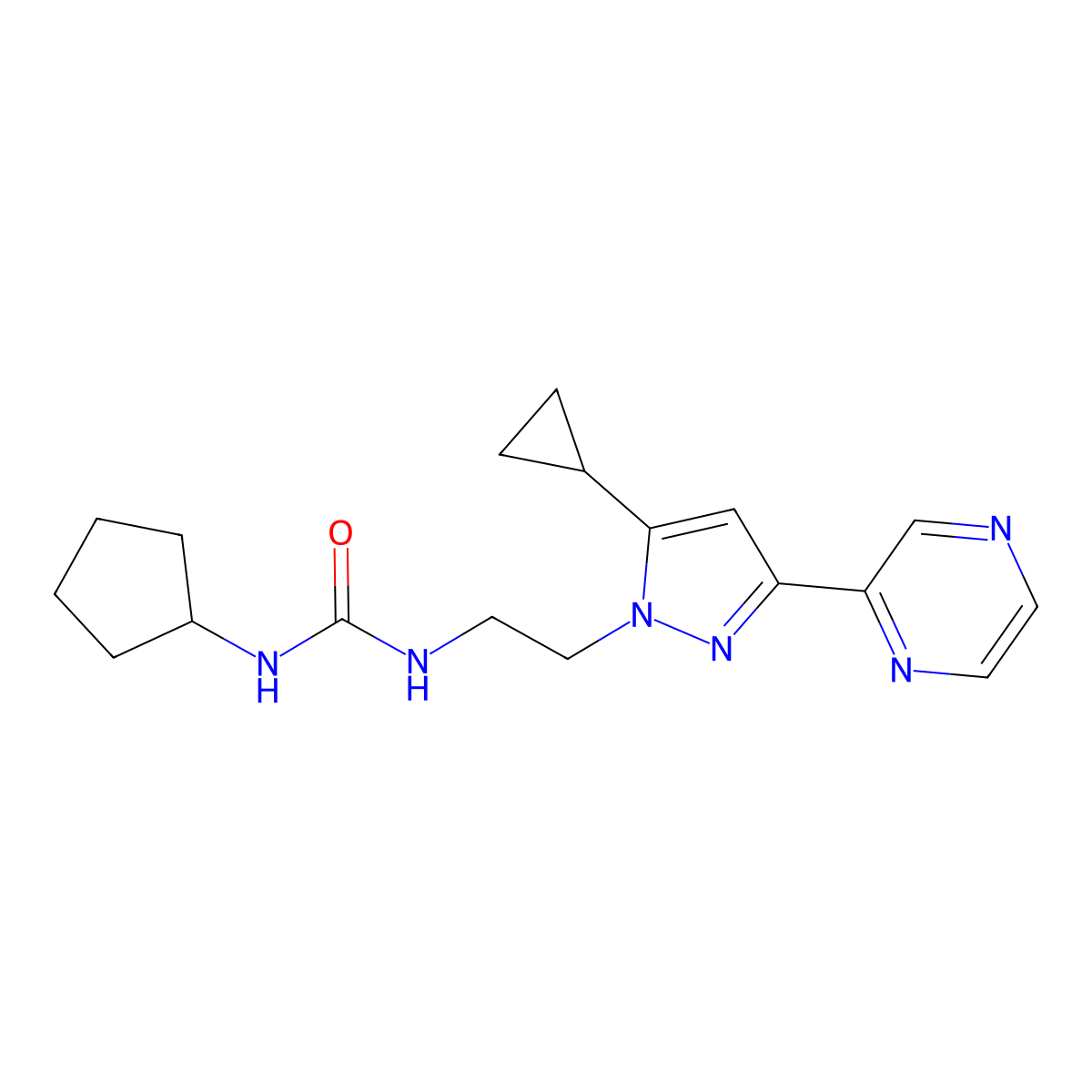 1-cyclopentyl-3-(2-(5-cyclopropyl-3-(pyrazin-2-yl)-1H-pyrazol-1-yl)ethyl)urea molecular structure, CAS 2034550-28-0