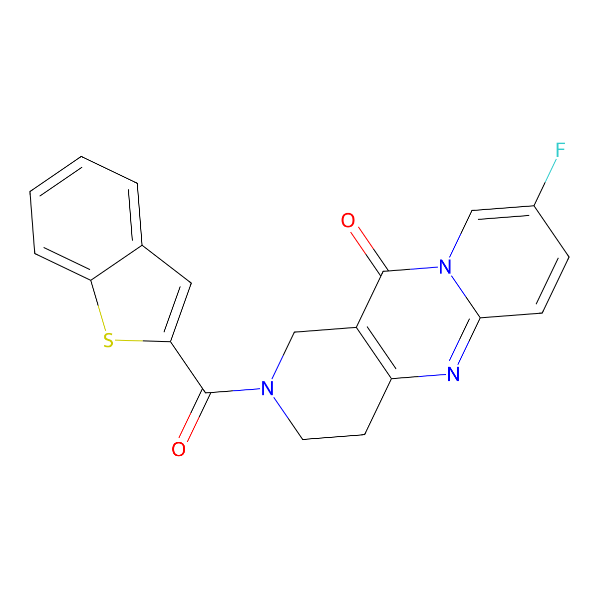 2-(benzo[b]thiophene-2-carbonyl)-8-fluoro-3,4-dihydro-1H-dipyrido[1,2-a:4',3'-d]pyrimidin-11(2H)-one molecular structure, CAS 2034550-34-8