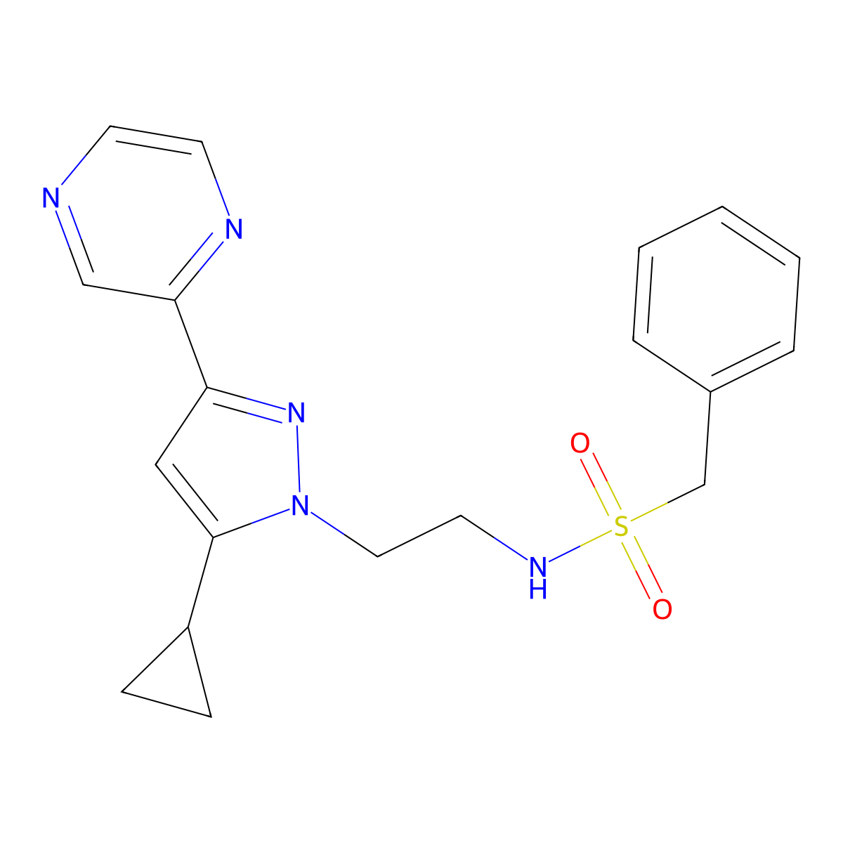 N-{2-[5-cyclopropyl-3-(pyrazin-2-yl)-1H-pyrazol-1-yl]ethyl}-1-phenylmethanesulfonamide molecular structure, CAS 2034550-35-9