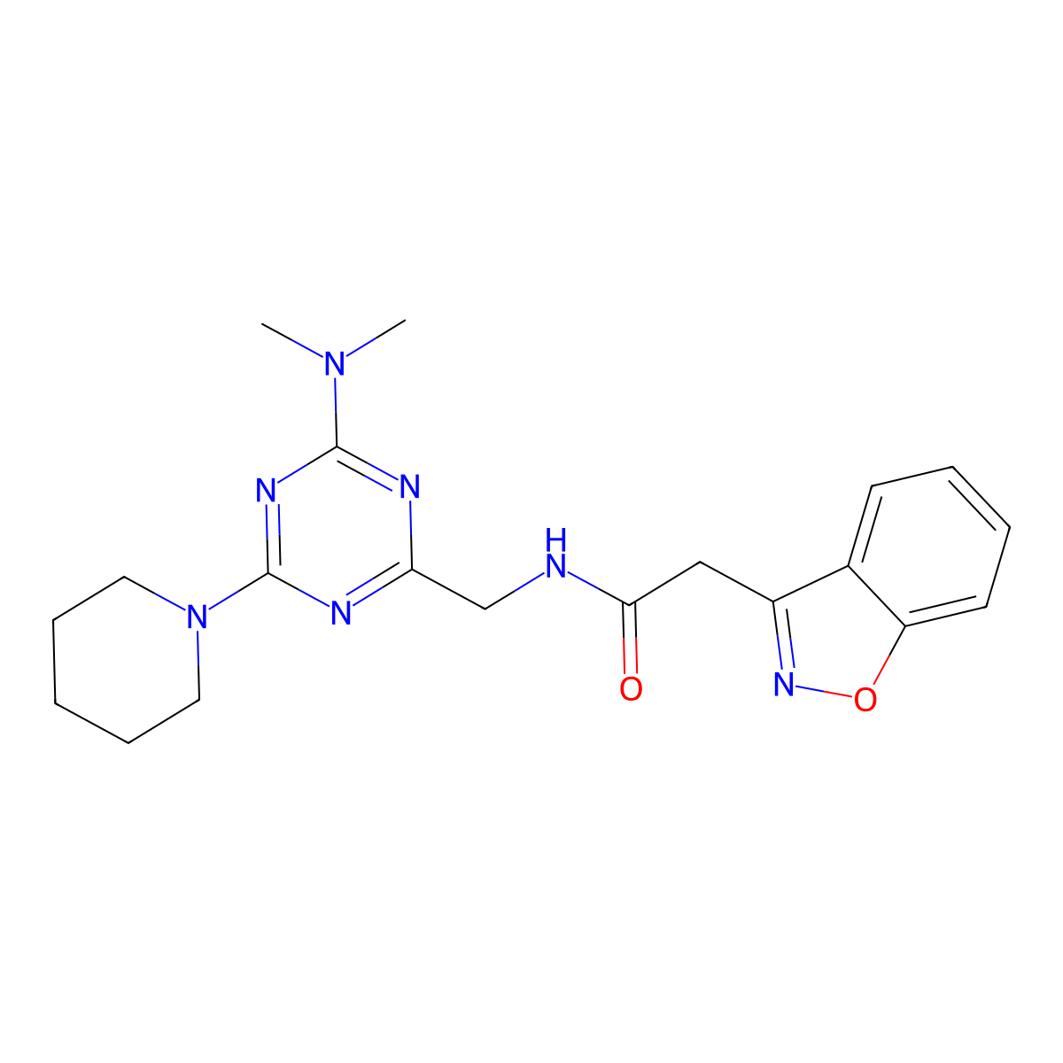 2-(benzo[d]isoxazol-3-yl)-N-((4-(dimethylamino)-6-(piperidin-1-yl)-1,3,5-triazin-2-yl)methyl)acetamide molecular structure, CAS 2034550-36-0