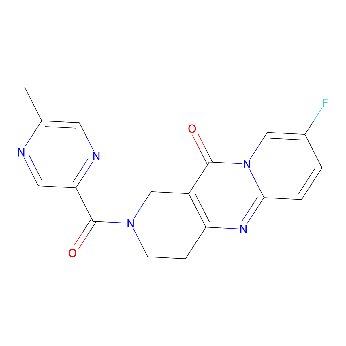 8-fluoro-2-(5-methylpyrazine-2-carbonyl)-3,4-dihydro-1H-dipyrido[1,2-a:4',3'-d]pyrimidin-11(2H)-one molecular structure, CAS 2034550-38-2