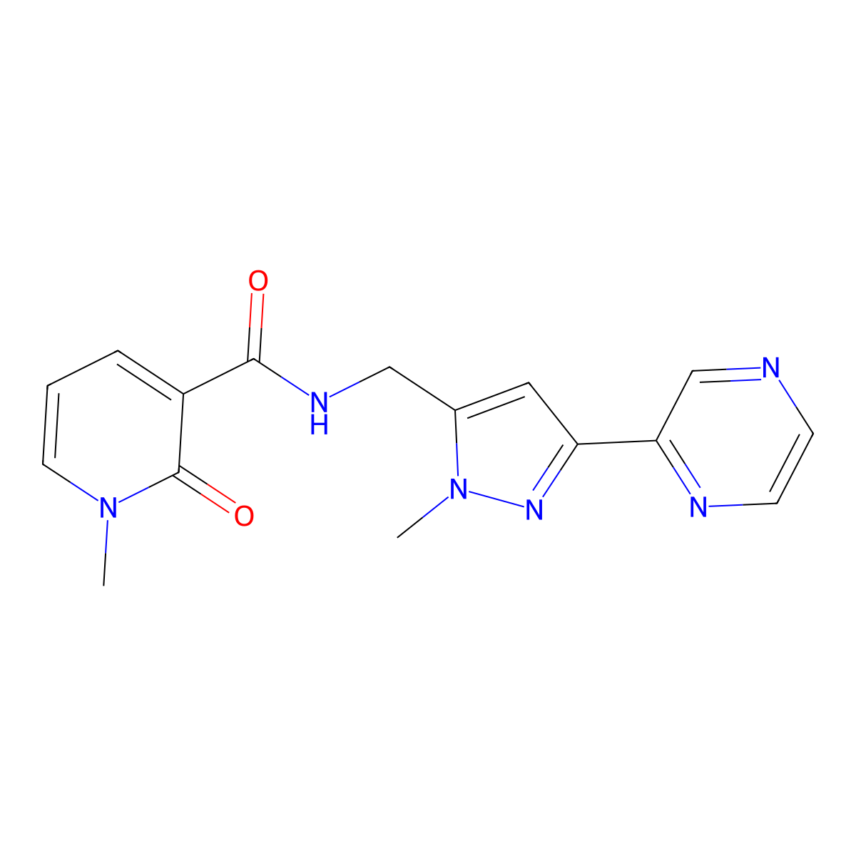1-methyl-N-{[1-methyl-3-(pyrazin-2-yl)-1H-pyrazol-5-yl]methyl}-2-oxo-1,2-dihydropyridine-3-carboxamide molecular structure, CAS 2034550-39-3