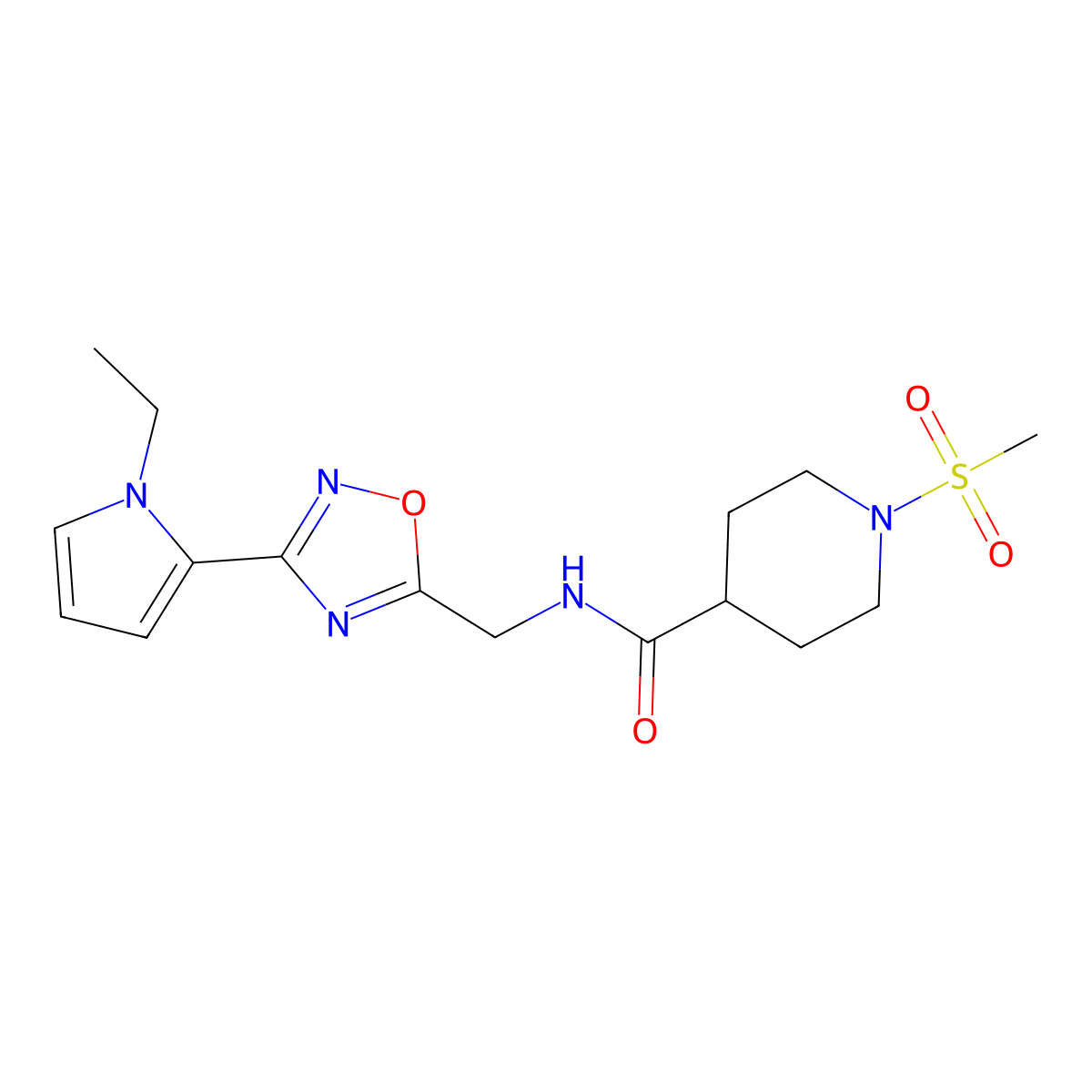 N-((3-(1-ethyl-1H-pyrrol-2-yl)-1,2,4-oxadiazol-5-yl)methyl)-1-(methylsulfonyl)piperidine-4-carboxamide molecular structure, CAS 2034550-43-9