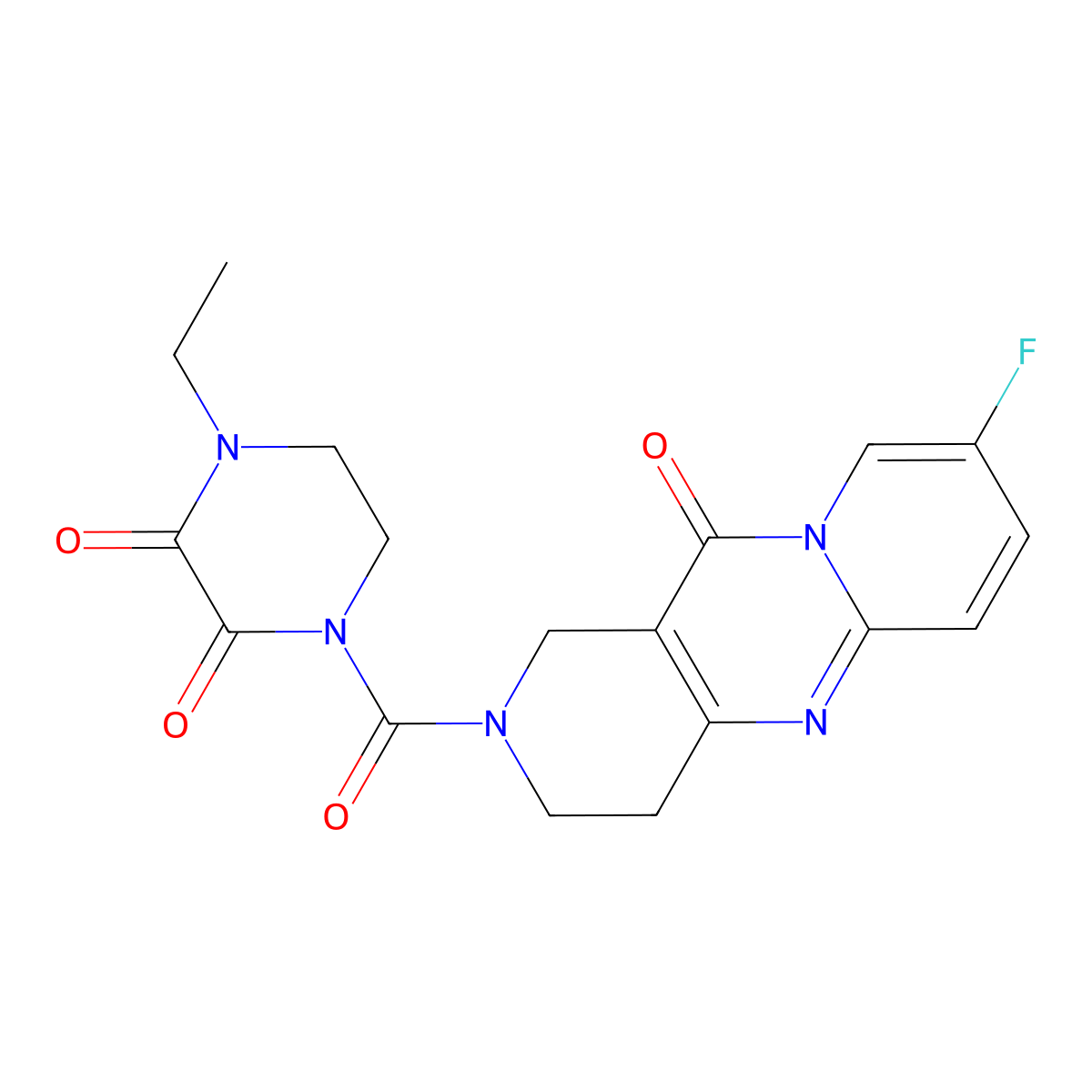 1-ethyl-4-(8-fluoro-11-oxo-2,3,4,11-tetrahydro-1H-dipyrido[1,2-a:4',3'-d]pyrimidine-2-carbonyl)piperazine-2,3-dione molecular structure, CAS 2034550-44-0
