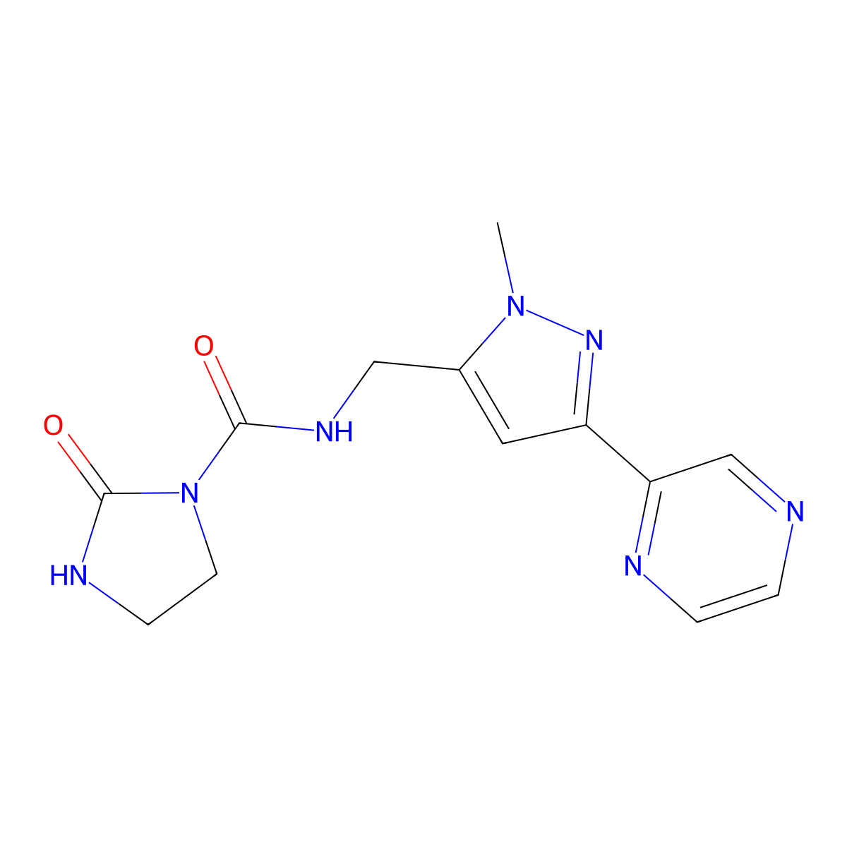 N-((1-methyl-3-(pyrazin-2-yl)-1H-pyrazol-5-yl)methyl)-2-oxoimidazolidine-1-carboxamide molecular structure, CAS 2034550-45-1
