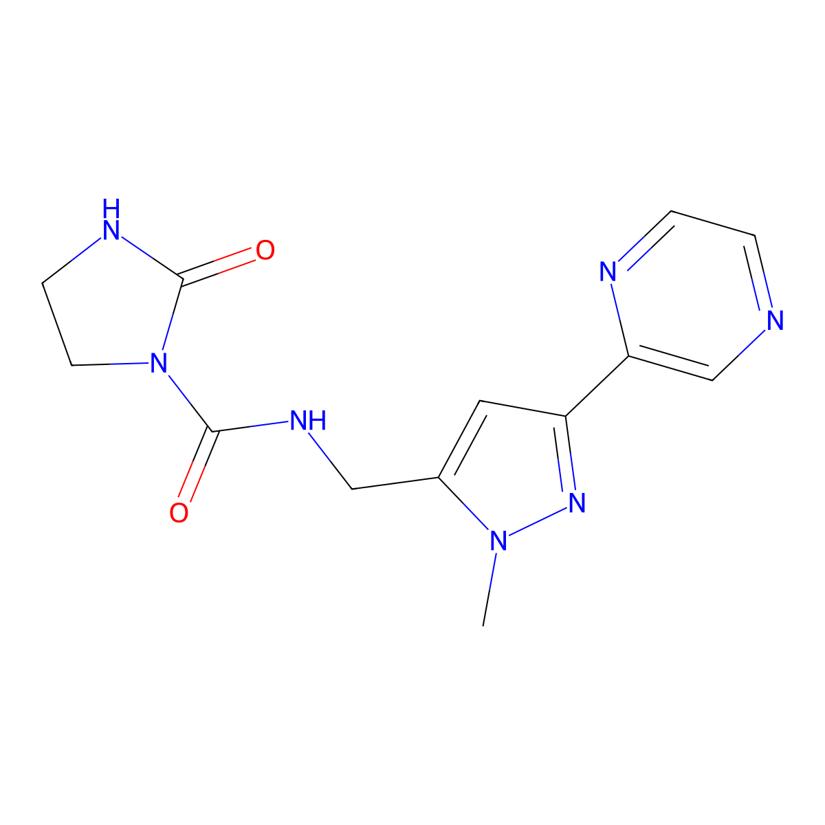 N-((1-methyl-3-(pyrazin-2-yl)-1H-pyrazol-5-yl)methyl)-2-oxoimidazolidine-1-carboxamide molecular structure, CAS 2034550-45-1