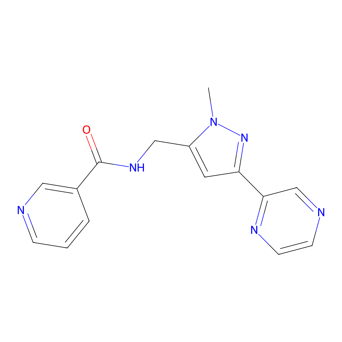 N-((1-methyl-3-(pyrazin-2-yl)-1H-pyrazol-5-yl)methyl)nicotinamide molecular structure, CAS 2034550-56-4